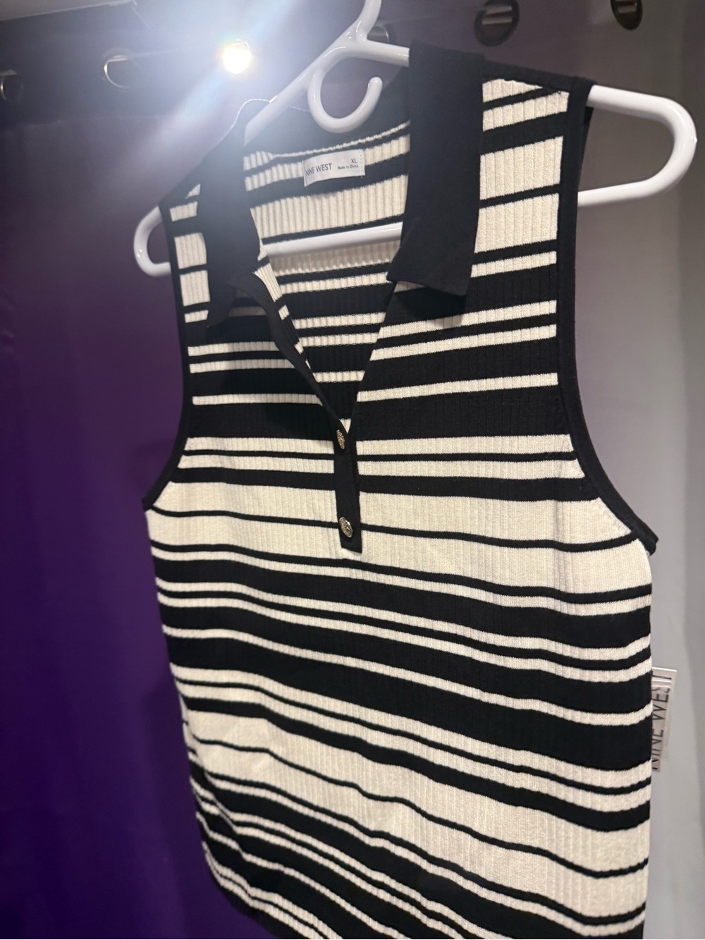 Nine West Black & White Striped Sleeveless Polo Top